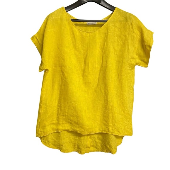 Terzo Millennio Women Yellow Mustard 100 % Linen Blouse Size M Button Back Light - Picture 2 of 10